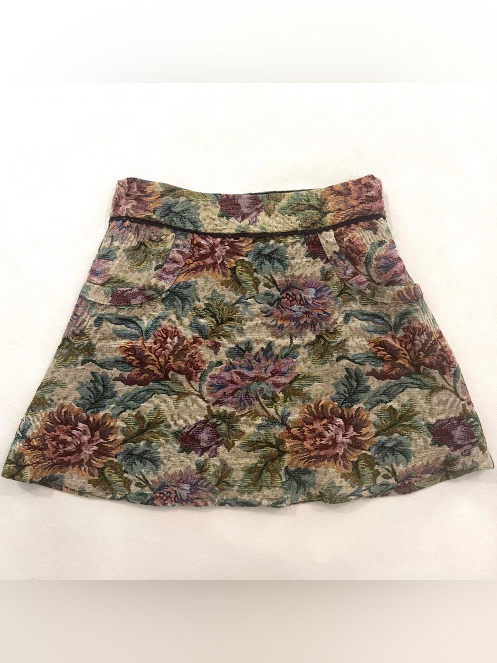 Free People Tapestry Floral Flare Mini Skirt w Pockets, Taupe & Multicolor, Sz 8